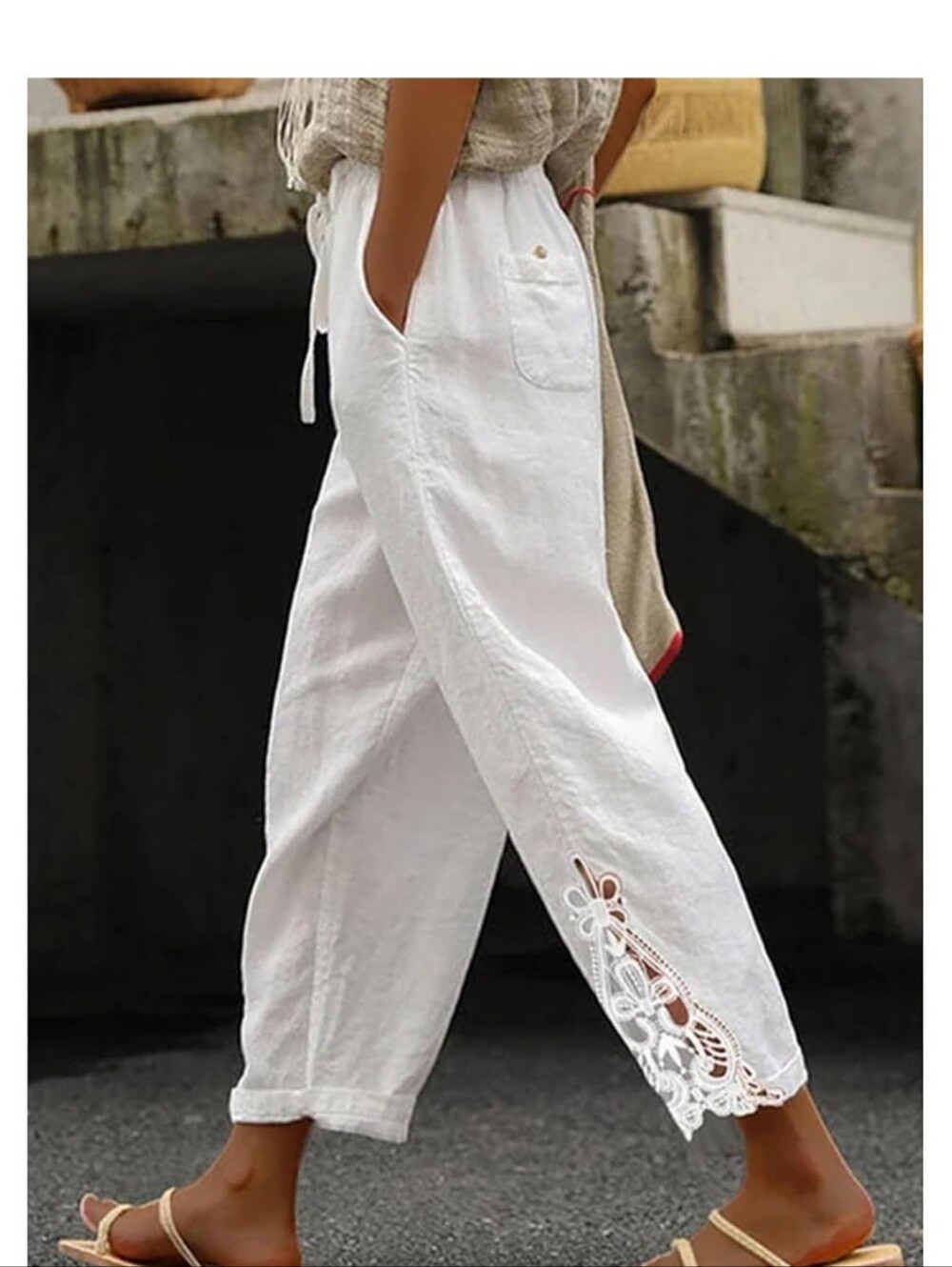 White Women's Linen Lace-Trim Relaxed Pants-Never Worn